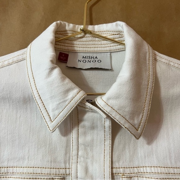 Misha Nonoo | Denim Crop Zip Up Jacket Collared White Contrast Stitching Size S - Picture 4 of 15